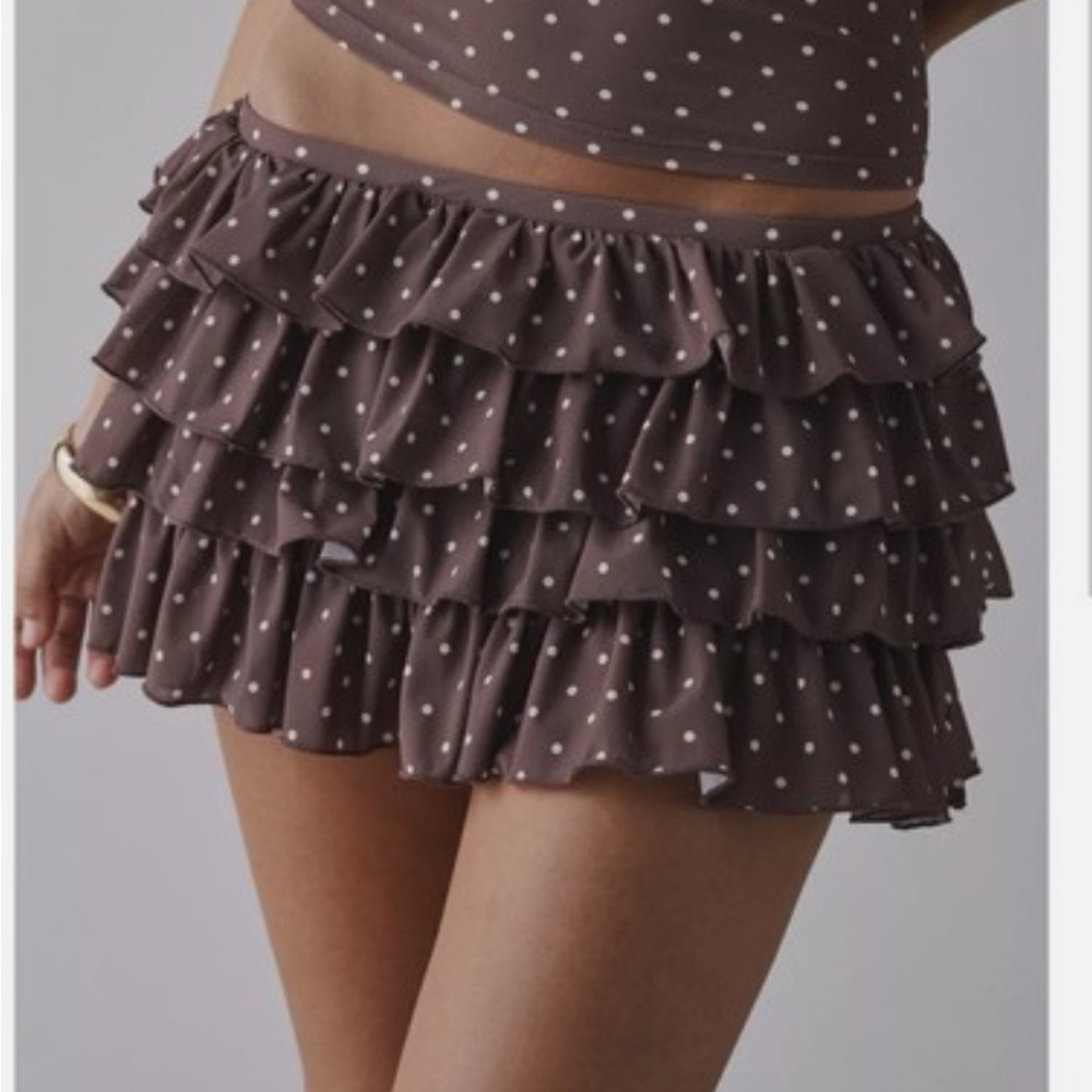 NEW Out From Under Cammy Ruffle Trim Micro Skort BROWN POLKA DOT UO SIZE L‎